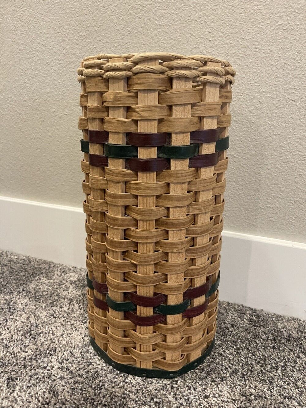 Vintage Wooden Woven Wicker Umbrella Or Toilet Paper Holder Basket 14”